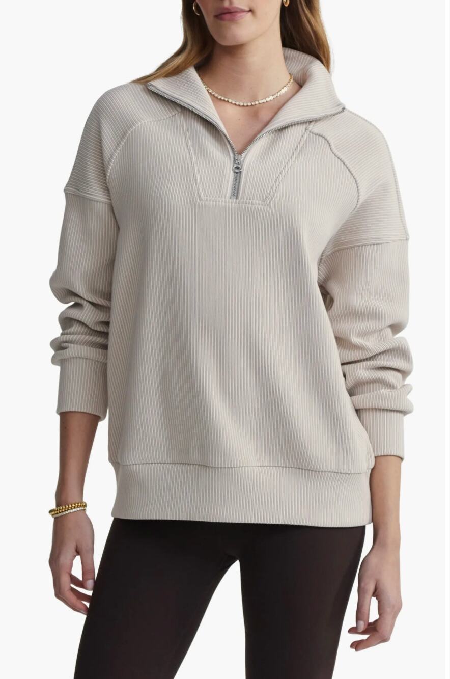 Varley Womens L Tan Rhea 2.0 Ottoman Rib Half Zip Casual Preppy Pullover Sweater